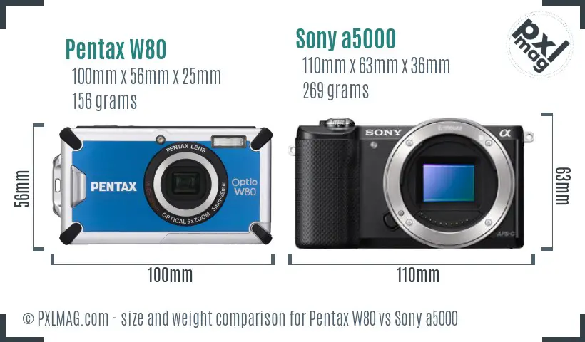 Pentax W80 vs Sony a5000 size comparison