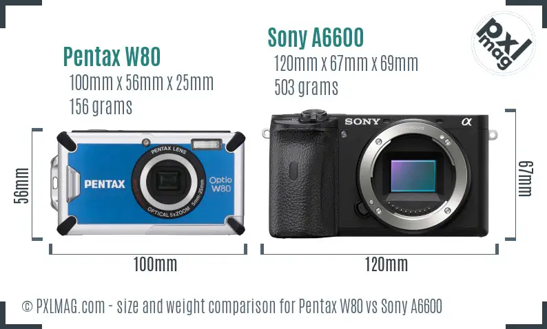 Pentax W80 vs Sony A6600 size comparison