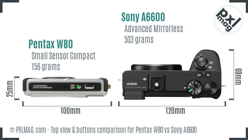 Pentax W80 vs Sony A6600 top view buttons comparison