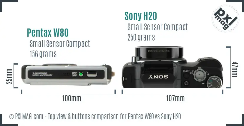 Pentax W80 vs Sony H20 top view buttons comparison