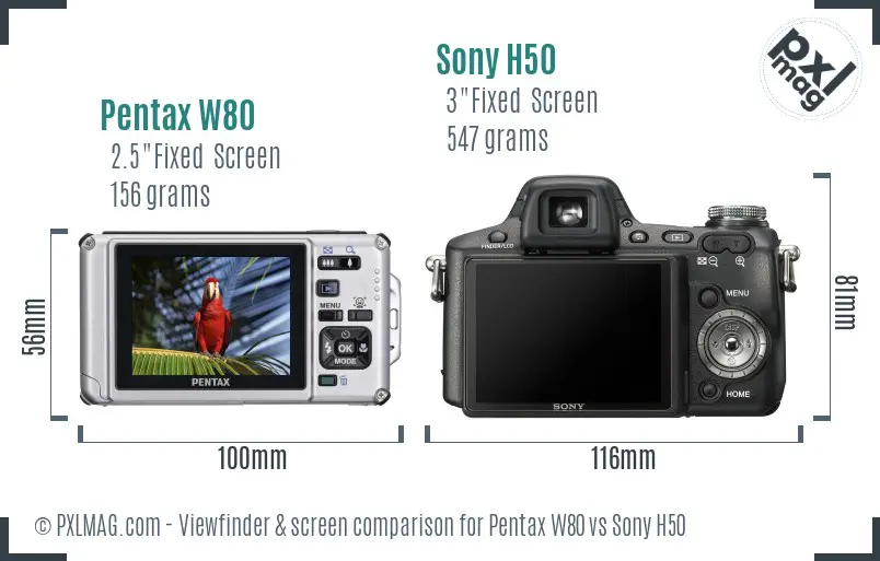 Pentax W80 vs Sony H50 Screen and Viewfinder comparison