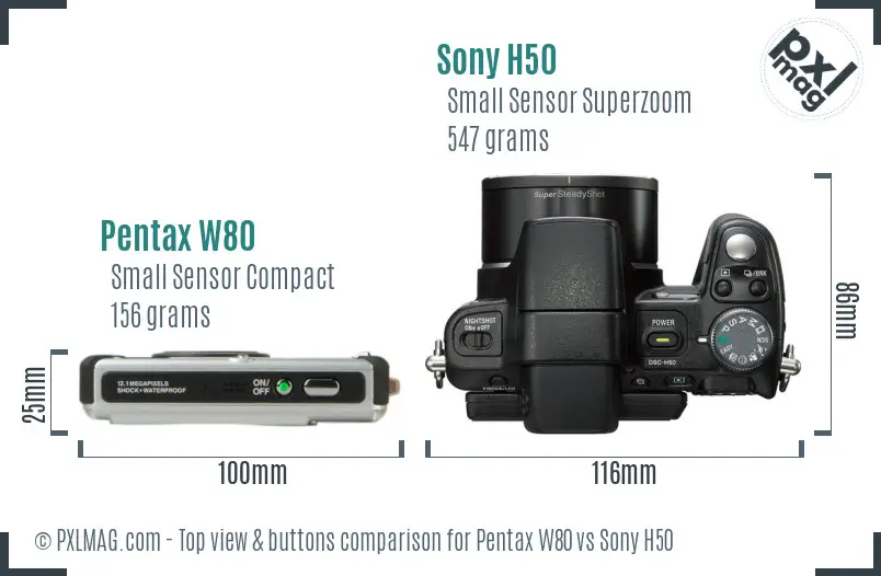 Pentax W80 vs Sony H50 top view buttons comparison