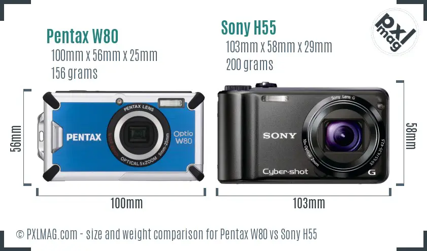 Pentax W80 vs Sony H55 size comparison