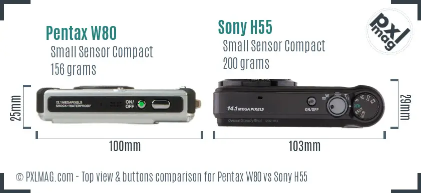 Pentax W80 vs Sony H55 top view buttons comparison
