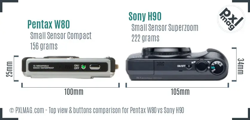Pentax W80 vs Sony H90 top view buttons comparison Pentax W80 vs Sony H90 top view buttons comparison