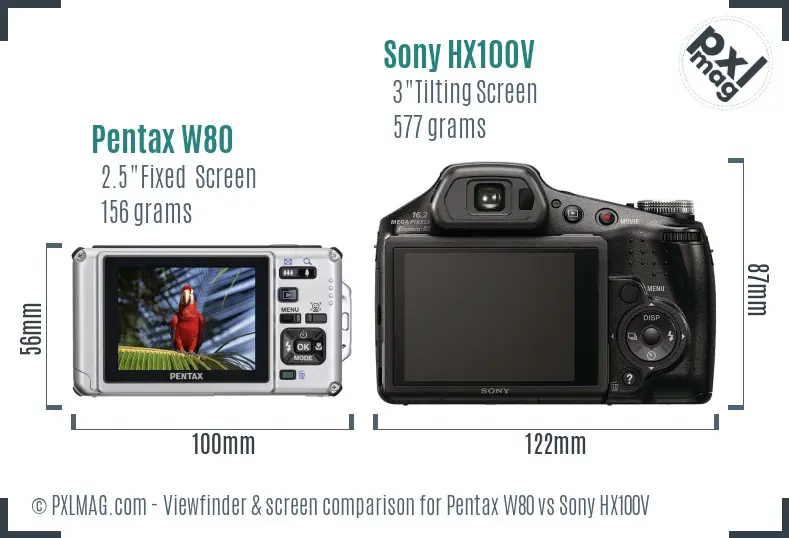 Pentax W80 vs Sony HX100V Screen and Viewfinder comparison