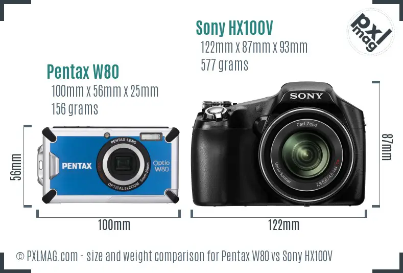 Pentax W80 vs Sony HX100V size comparison Pentax W80 vs Sony HX100V size comparison