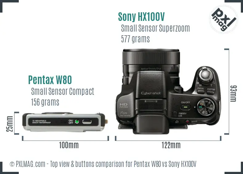 Pentax W80 vs Sony HX100V top view buttons comparison