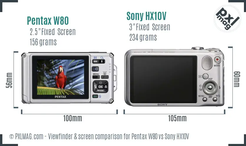 Pentax W80 vs Sony HX10V Screen and Viewfinder comparison