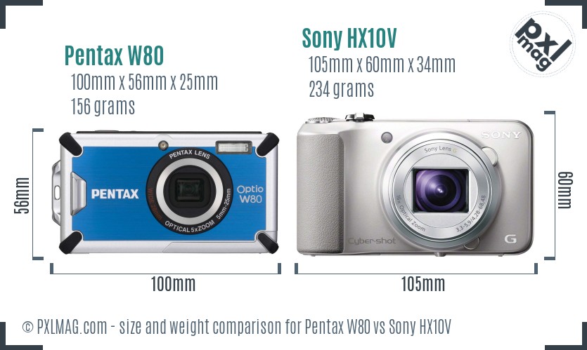 Pentax W80 vs Sony HX10V size comparison