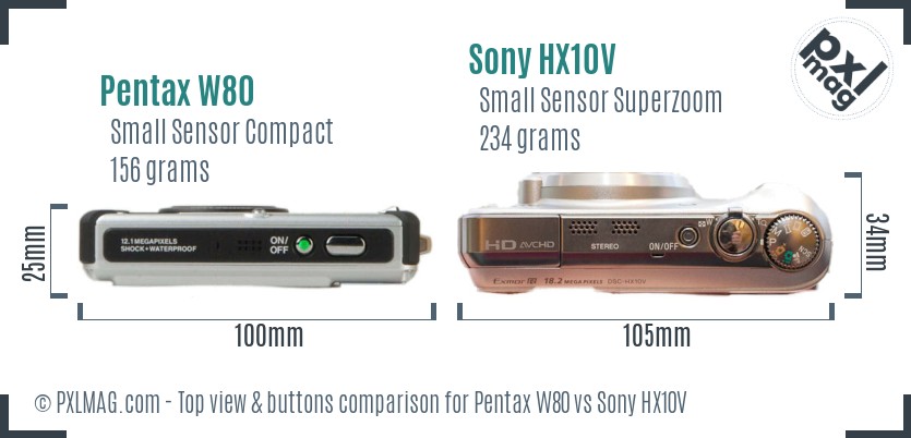 Pentax W80 vs Sony HX10V top view buttons comparison