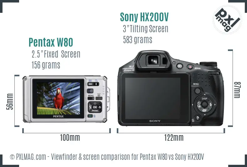 Pentax W80 vs Sony HX200V Screen and Viewfinder comparison