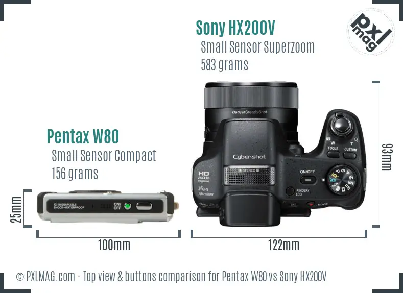 Pentax W80 vs Sony HX200V top view buttons comparison