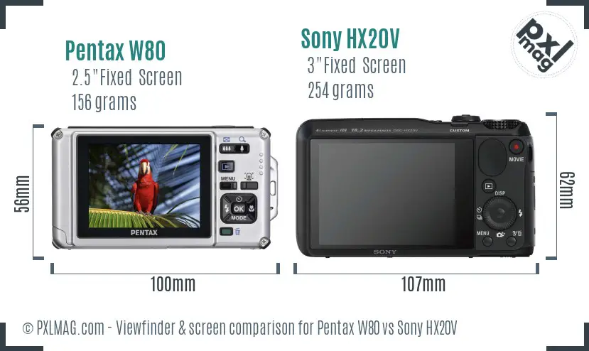 Pentax W80 vs Sony HX20V Screen and Viewfinder comparison