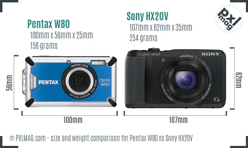 Pentax W80 vs Sony HX20V size comparison