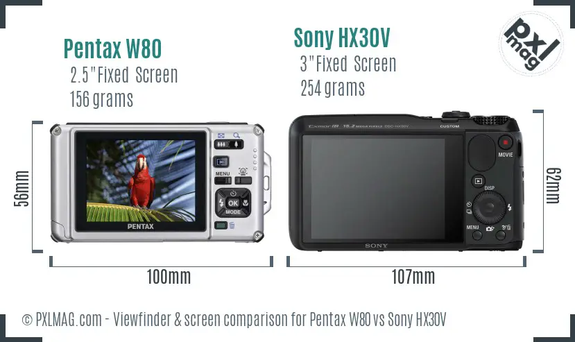 Pentax W80 vs Sony HX30V Screen and Viewfinder comparison