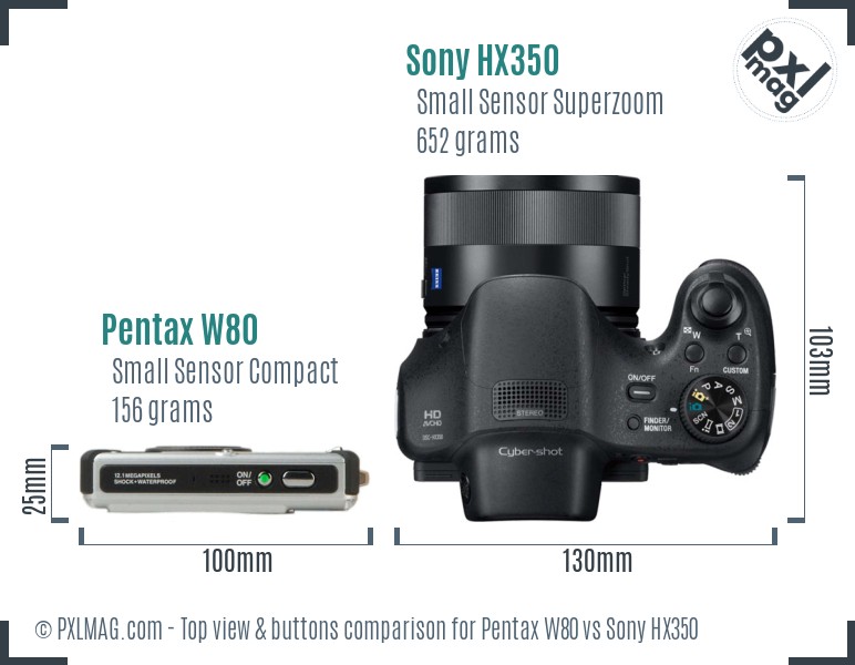 Pentax W80 vs Sony HX350 top view buttons comparison