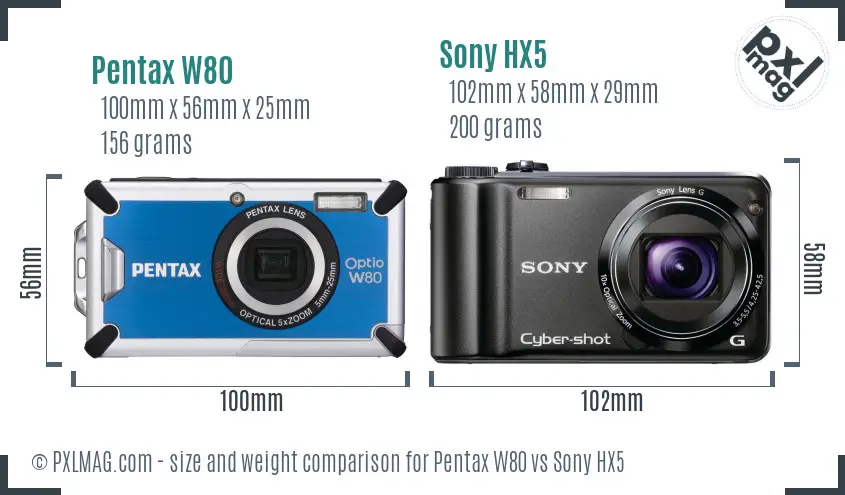Pentax W80 vs Sony HX5 size comparison