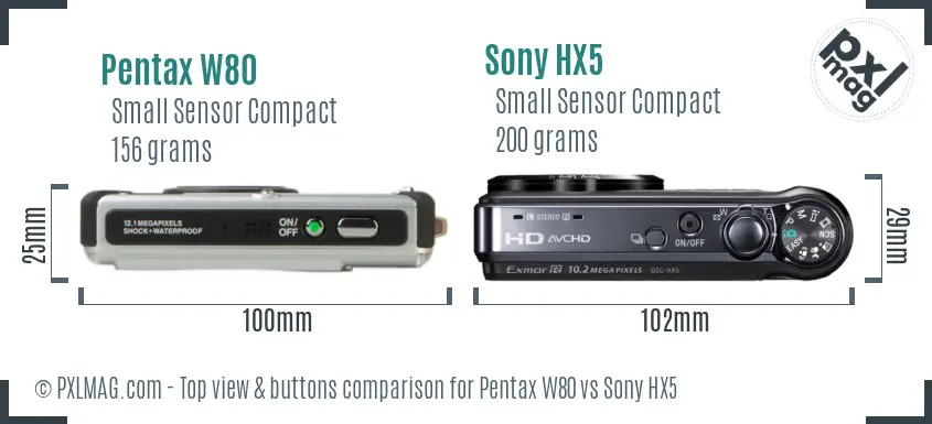 Pentax W80 vs Sony HX5 top view buttons comparison