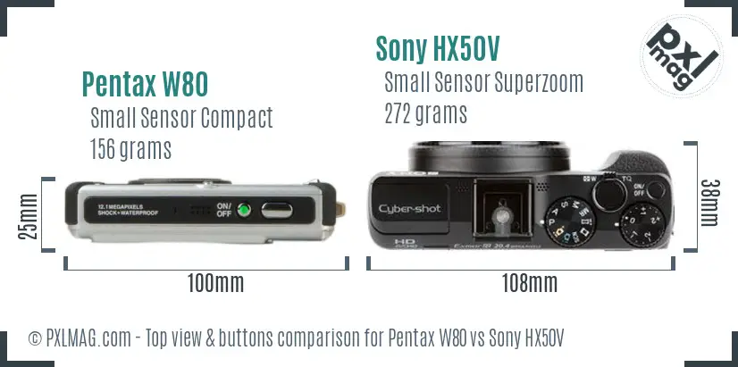 Pentax W80 vs Sony HX50V top view buttons comparison Pentax W80 vs Sony HX50V top view buttons comparison