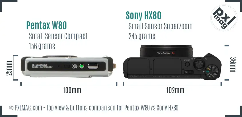 Pentax W80 vs Sony HX80 top view buttons comparison