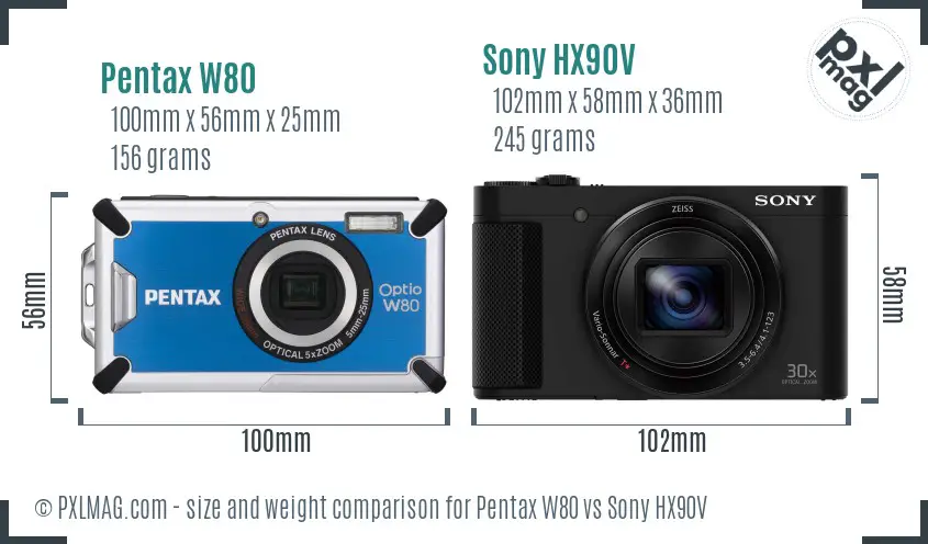 Pentax W80 vs Sony HX90V size comparison