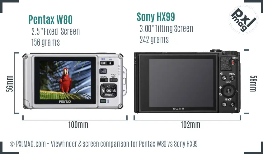 Pentax W80 vs Sony HX99 Screen and Viewfinder comparison