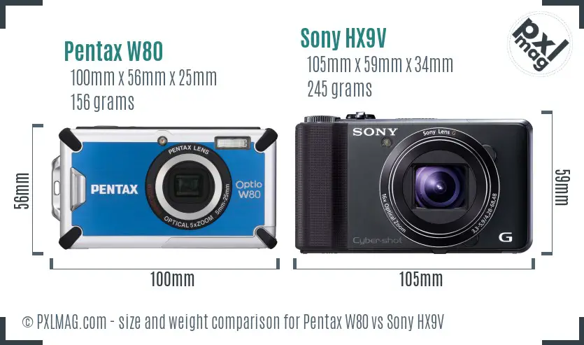 Pentax W80 vs Sony HX9V size comparison Pentax W80 vs Sony HX9V size comparison