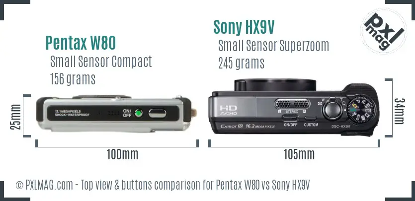 Pentax W80 vs Sony HX9V top view buttons comparison