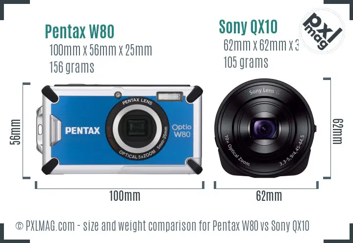 Pentax W80 vs Sony QX10 size comparison