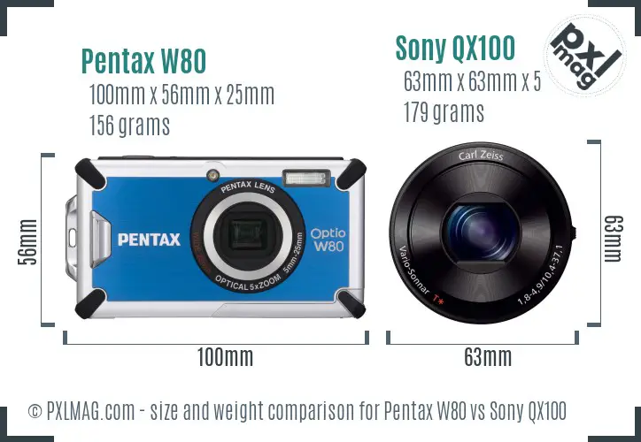 Pentax W80 vs Sony QX100 size comparison