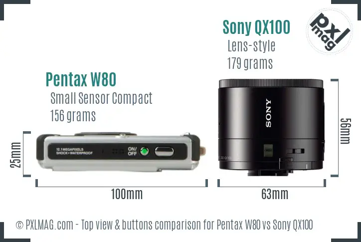 Pentax W80 vs Sony QX100 top view buttons comparison