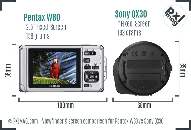 Pentax W80 vs Sony QX30 Screen and Viewfinder comparison