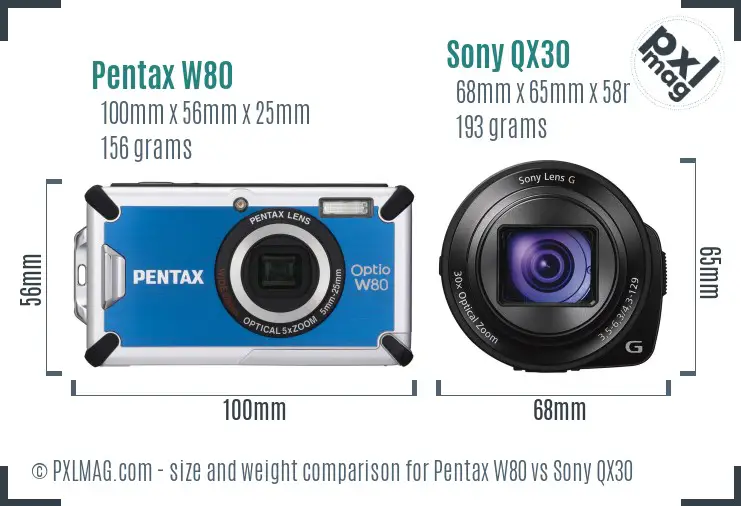 Pentax W80 vs Sony QX30 size comparison