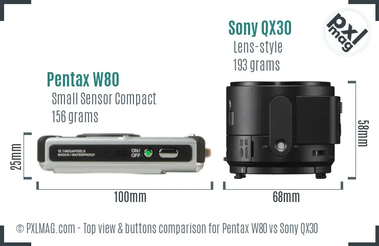 Pentax W80 vs Sony QX30 top view buttons comparison