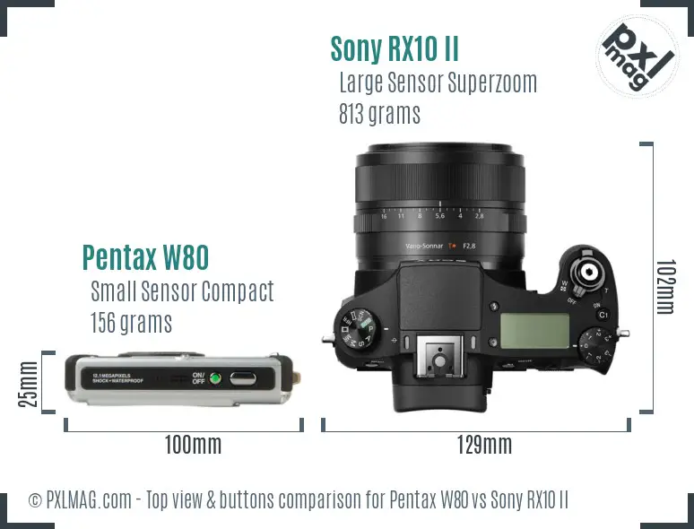 Pentax W80 vs Sony RX10 II top view buttons comparison