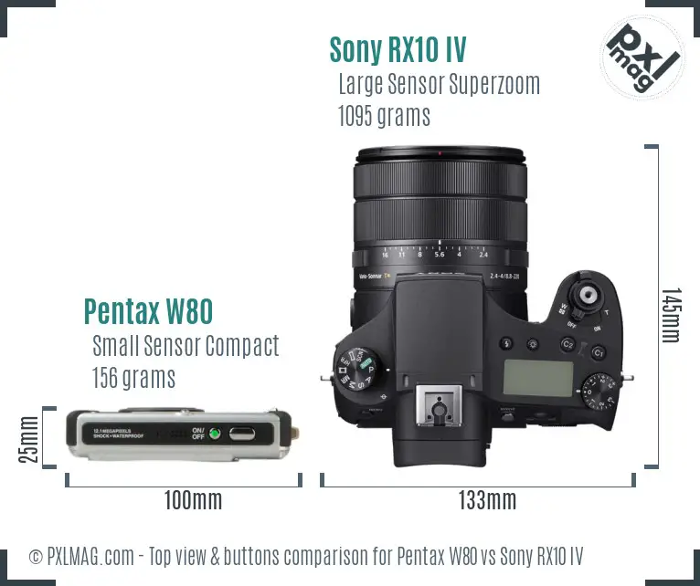 Pentax W80 vs Sony RX10 IV top view buttons comparison