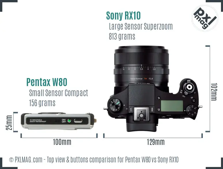Pentax W80 vs Sony RX10 top view buttons comparison Pentax W80 vs Sony RX10 top view buttons comparison
