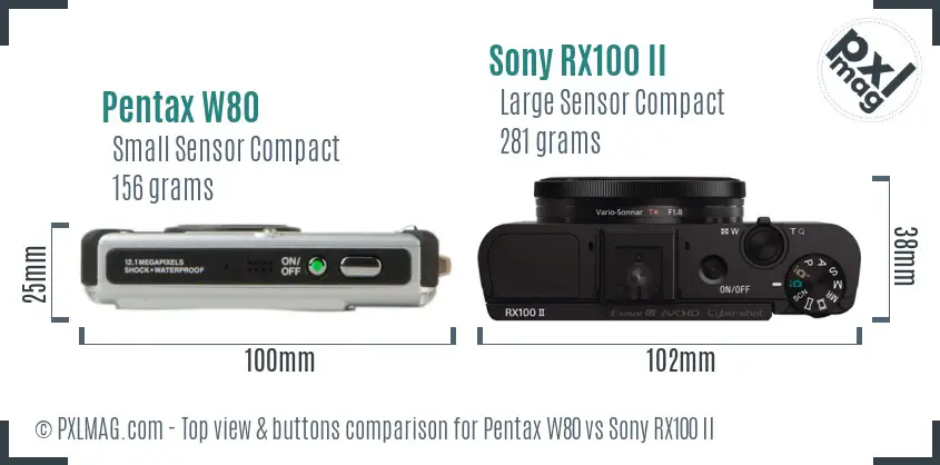 Pentax W80 vs Sony RX100 II top view buttons comparison