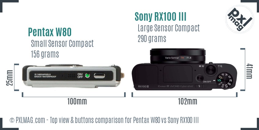 Pentax W80 vs Sony RX100 III top view buttons comparison