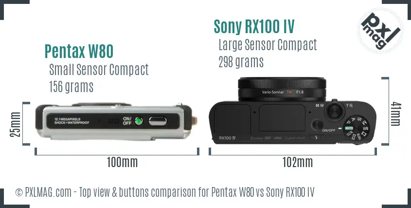 Pentax W80 vs Sony RX100 IV top view buttons comparison