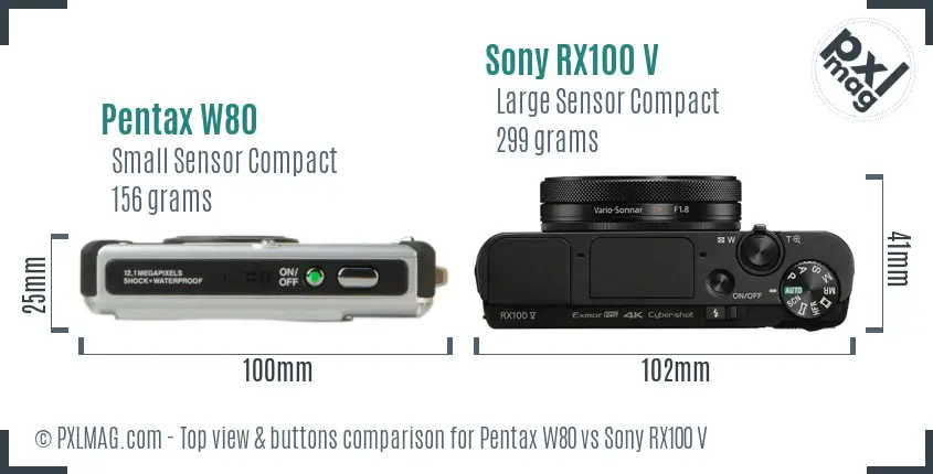 Pentax W80 vs Sony RX100 V top view buttons comparison