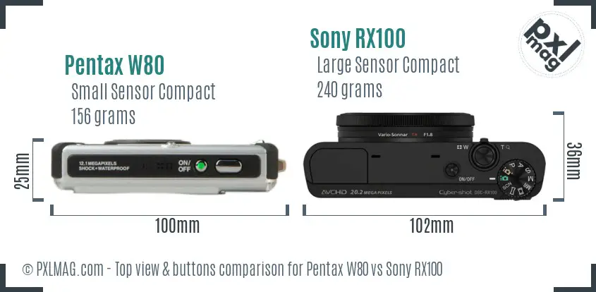 Pentax W80 vs Sony RX100 top view buttons comparison