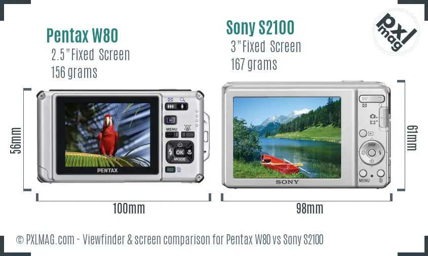 Pentax W80 vs Sony S2100 Screen and Viewfinder comparison