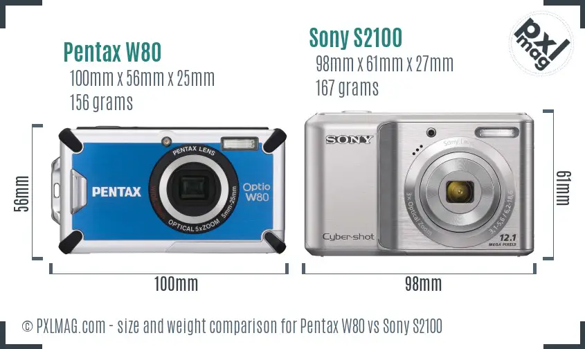 Pentax W80 vs Sony S2100 size comparison