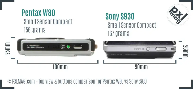 Pentax W80 vs Sony S930 top view buttons comparison Pentax W80 vs Sony S930 top view buttons comparison