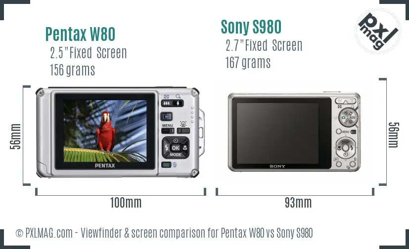 Pentax W80 vs Sony S980 Screen and Viewfinder comparison