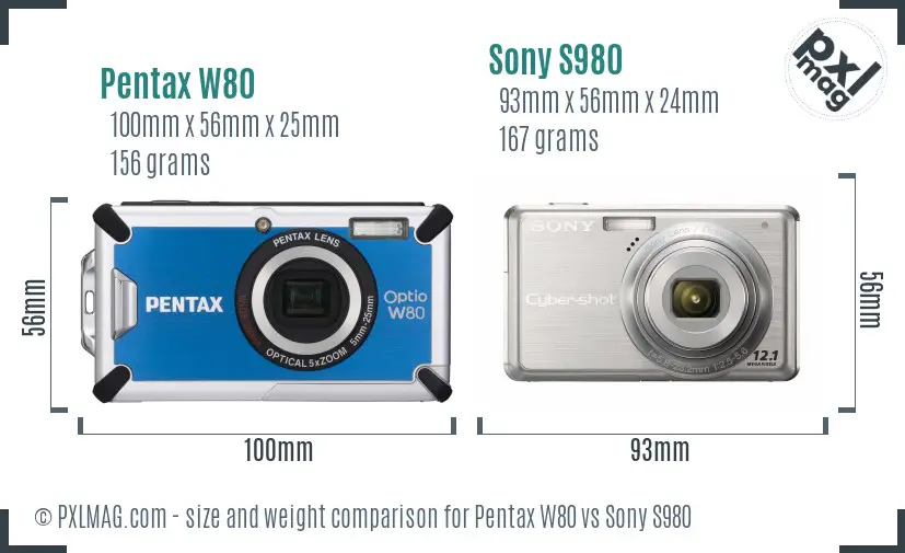 Pentax W80 vs Sony S980 size comparison