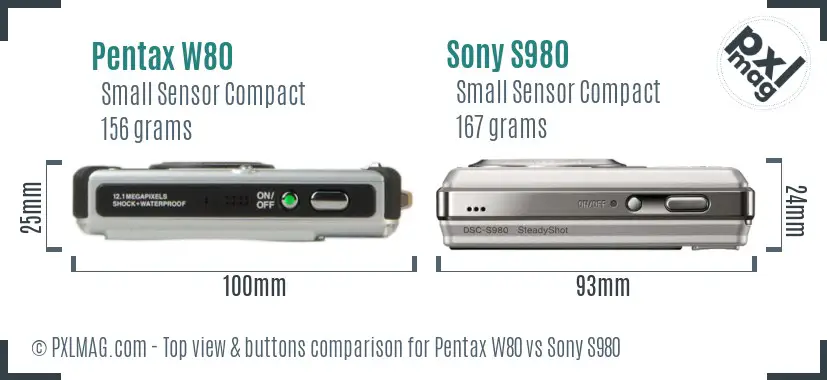 Pentax W80 vs Sony S980 top view buttons comparison