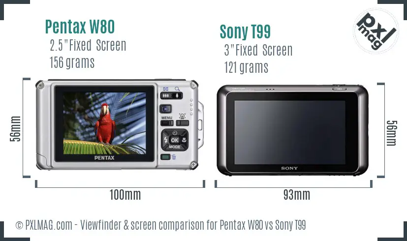 Pentax W80 vs Sony T99 Screen and Viewfinder comparison